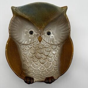 Vintage Ceramic Owl Bowl Figural Trinket Dish Brown Tan Glazed Decorative Decor